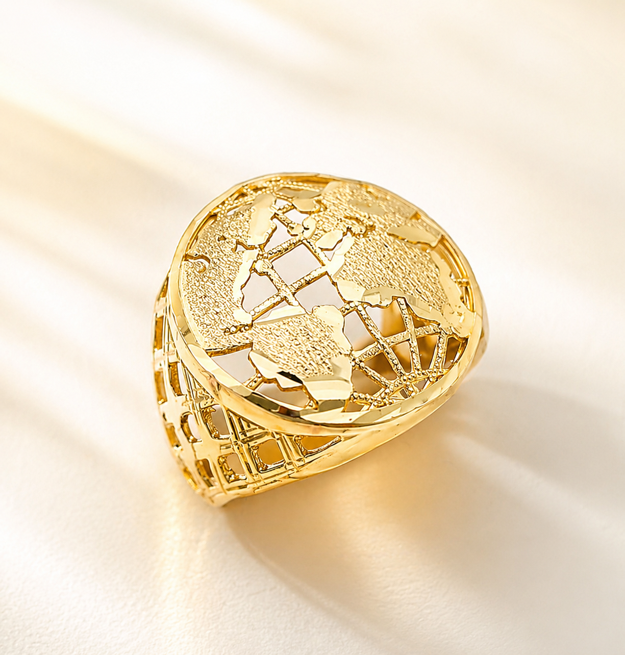 10K Yellow Gold Globe Ring Mens World Map Ring