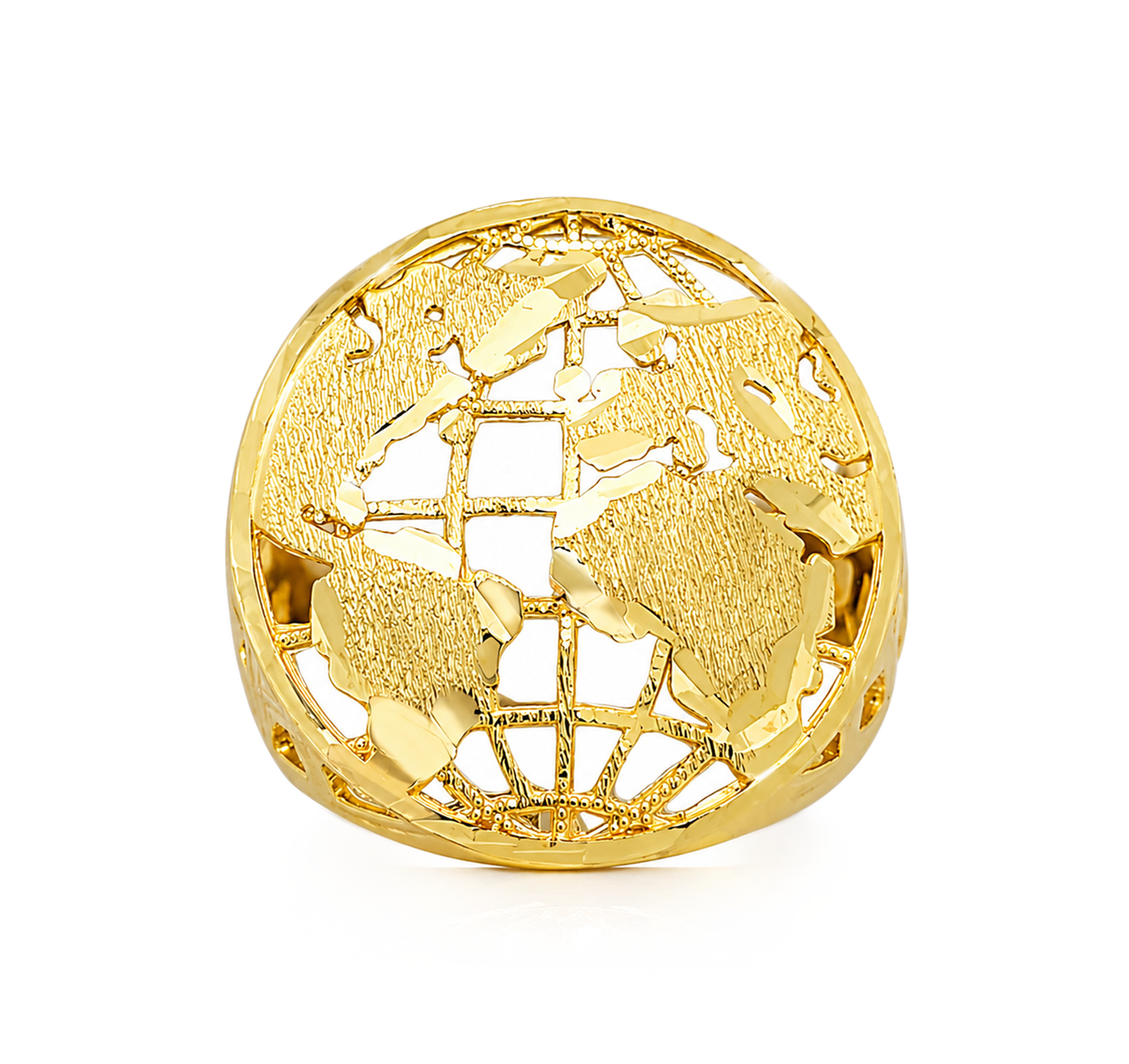 10K Yellow Gold Globe Ring Mens World Map Ring