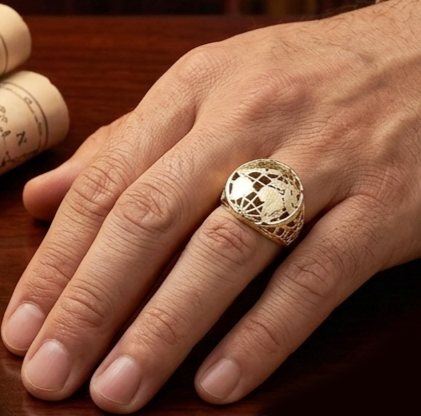 10K Yellow Gold Globe Ring Mens World Map Ring