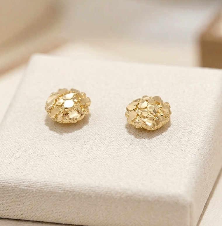 10K Yellow Gold Nugget Earrings Round Nugget 10 mm(0.4 inch)