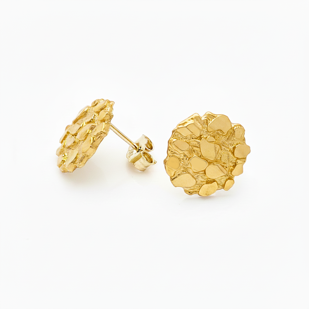 Mens 10k Yellow Gold Nugget Earrings Round Nugget Size 3