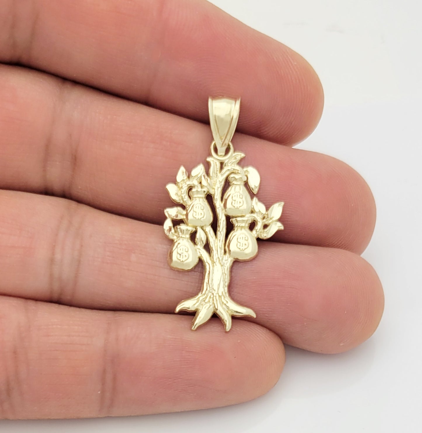 10K Yellow Gold Money Tree Pendant Money Bag Treasure Pendant 1.3 in x 0.6 in