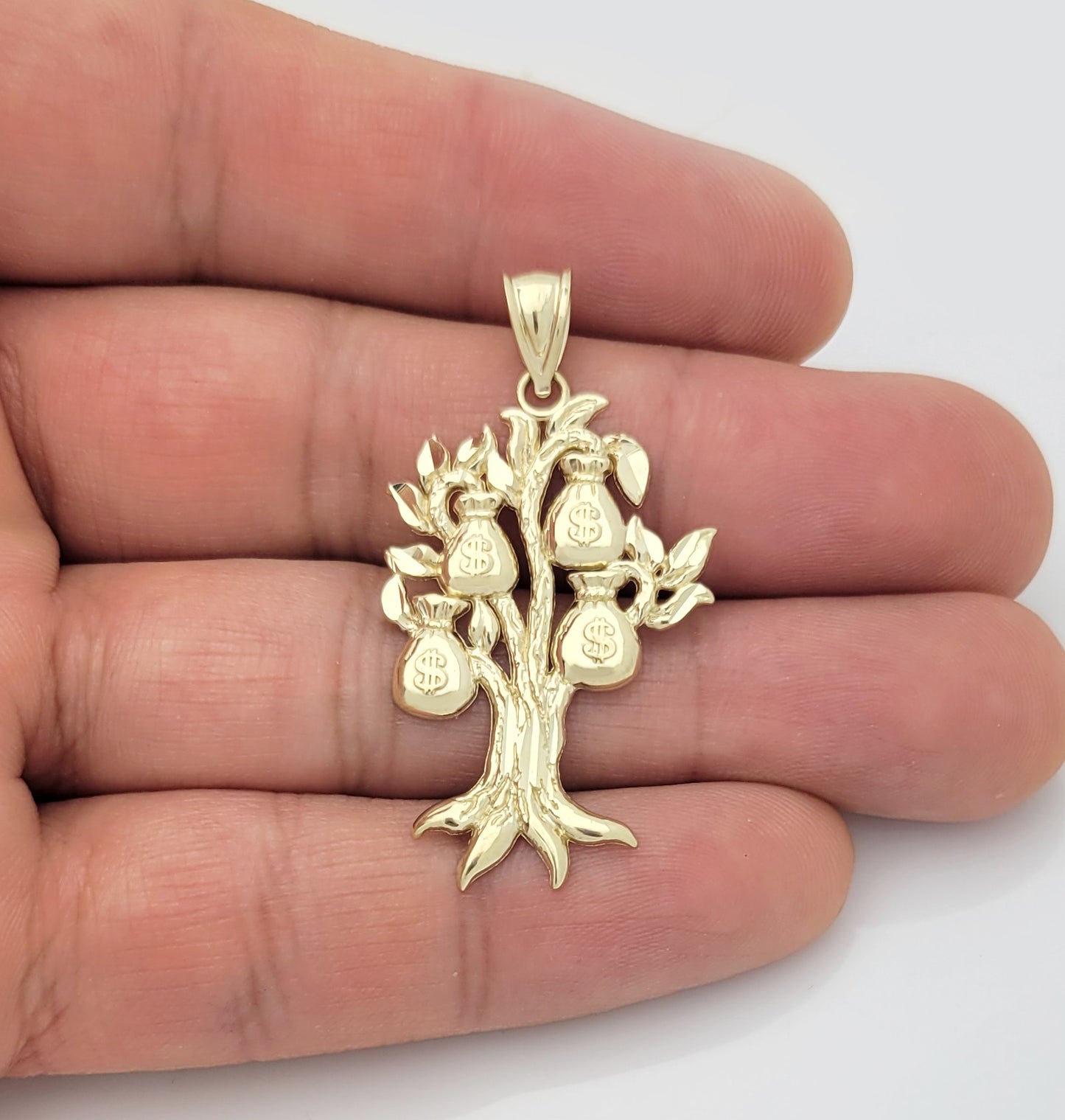10K Yellow Gold Money Bag Tree Pendant Money Bag Treasure Pendant 1.7 in x 0.9 in