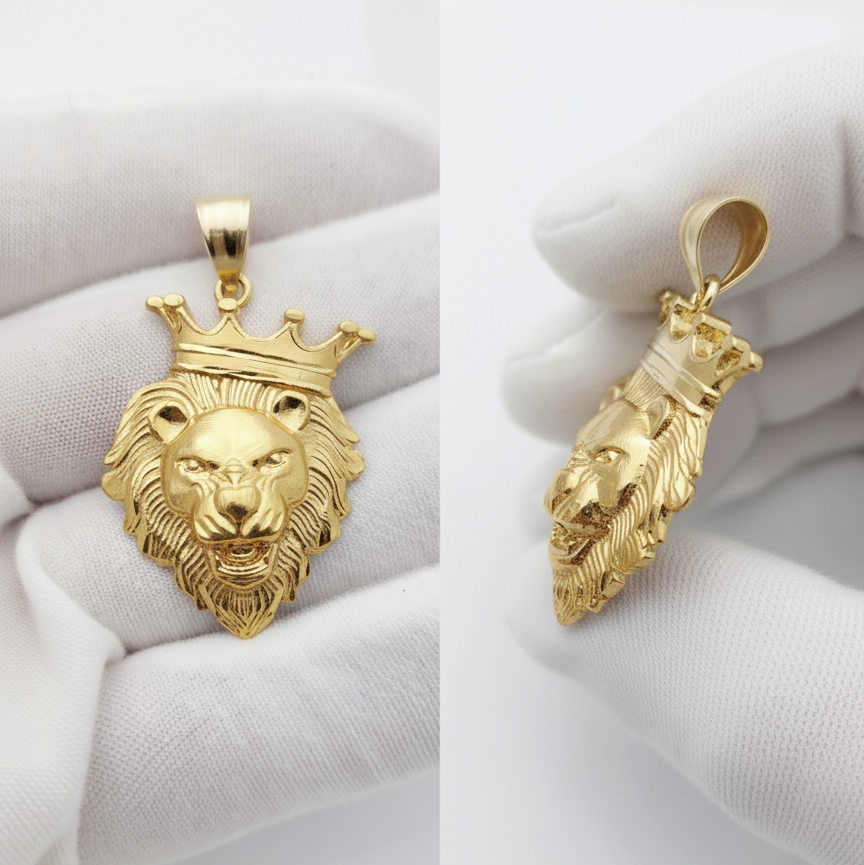 10K Yellow Gold Crown Lion Face Charm Lion Head Crown 1.85 inch Lion Pendant