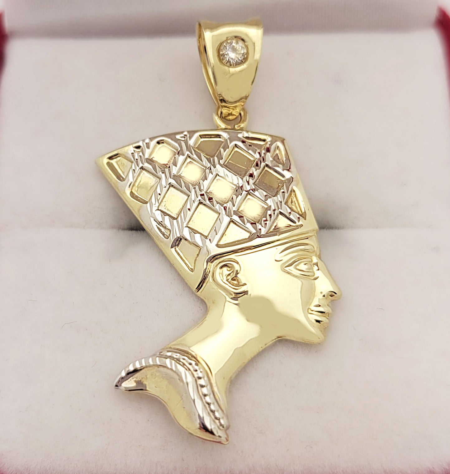 10K Yellow Gold Nefertiti Necklace Pendant Egyptian Queen Charm 1.5 in x 1.0 in