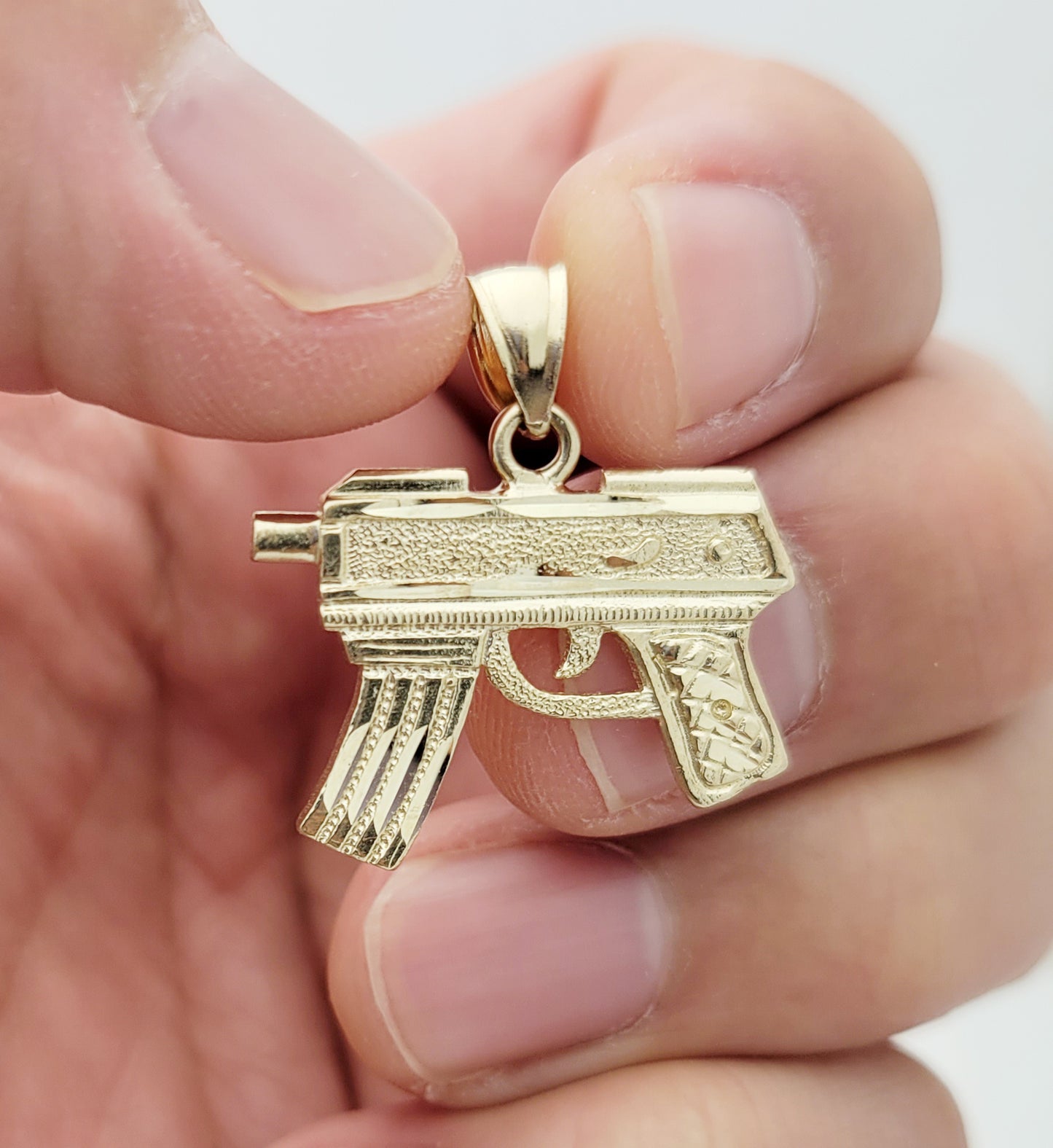 10K Yellow Gold Diamond Cut Uzi Gun Necklace Pendant 1.0 in x 0.9 in