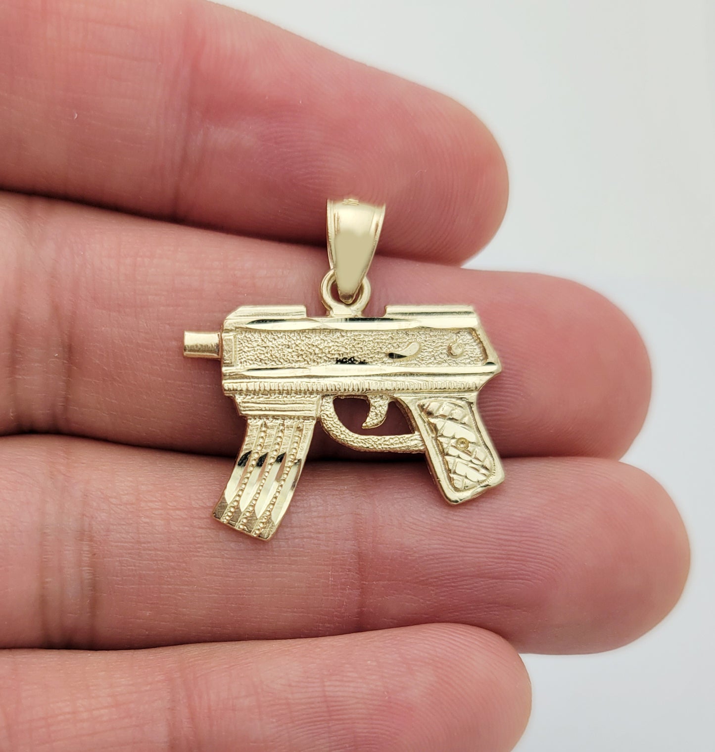 10K Yellow Gold Diamond Cut Uzi Gun Necklace Pendant 1.0 in x 0.9 in