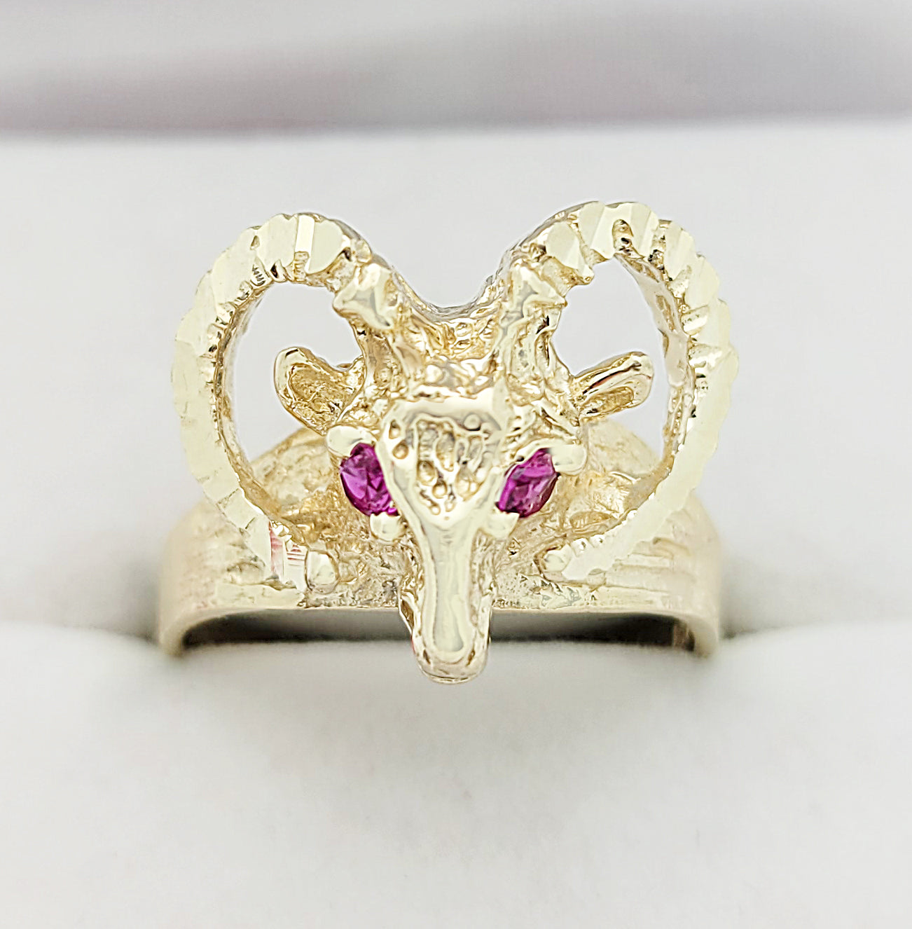 Men's 10K Yellow Gold Ram Head Ring - Aries Zodiac Jewelry, Textured Ram Horn Statement Ring for Men, Size 8