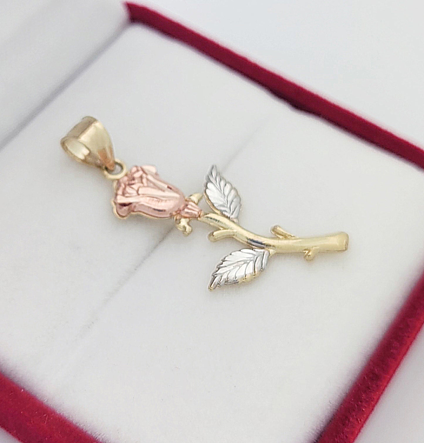 10K Tri-Color Gold Long Stem Rose Flower Pendant, Real Solid Gold Floral Charm for Necklace, Long Rose Jewelry Gift for Women, 1.3 in x 0.6 in