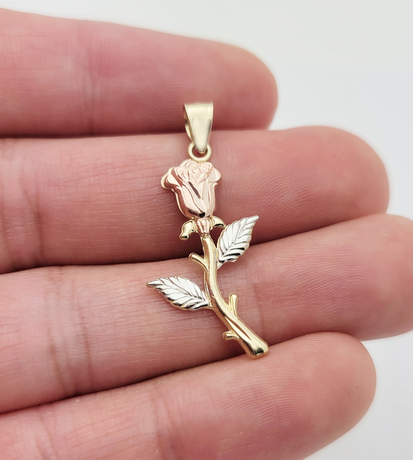 10K Tri-Color Gold Long Stem Rose Flower Pendant, Real Solid Gold Floral Charm for Necklace, Long Rose Jewelry Gift for Women, 1.3 in x 0.6 in
