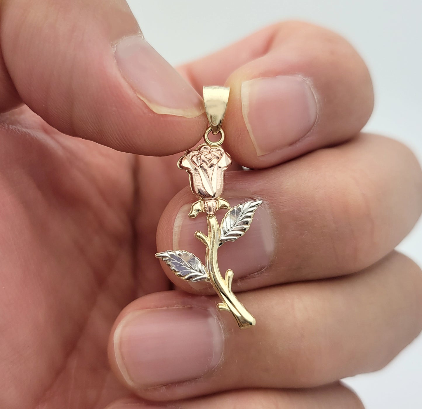 10K Tri-Color Gold Long Stem Rose Flower Pendant, Real Solid Gold Floral Charm for Necklace, Long Rose Jewelry Gift for Women, 1.3 in x 0.6 in