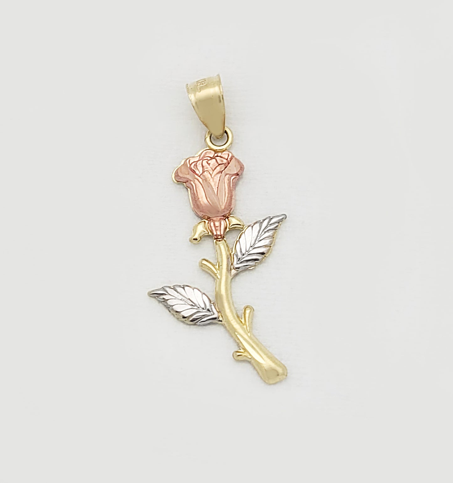 10K Tri-Color Gold Long Stem Rose Flower Pendant, Real Solid Gold Floral Charm for Necklace, Long Rose Jewelry Gift for Women, 1.3 in x 0.6 in
