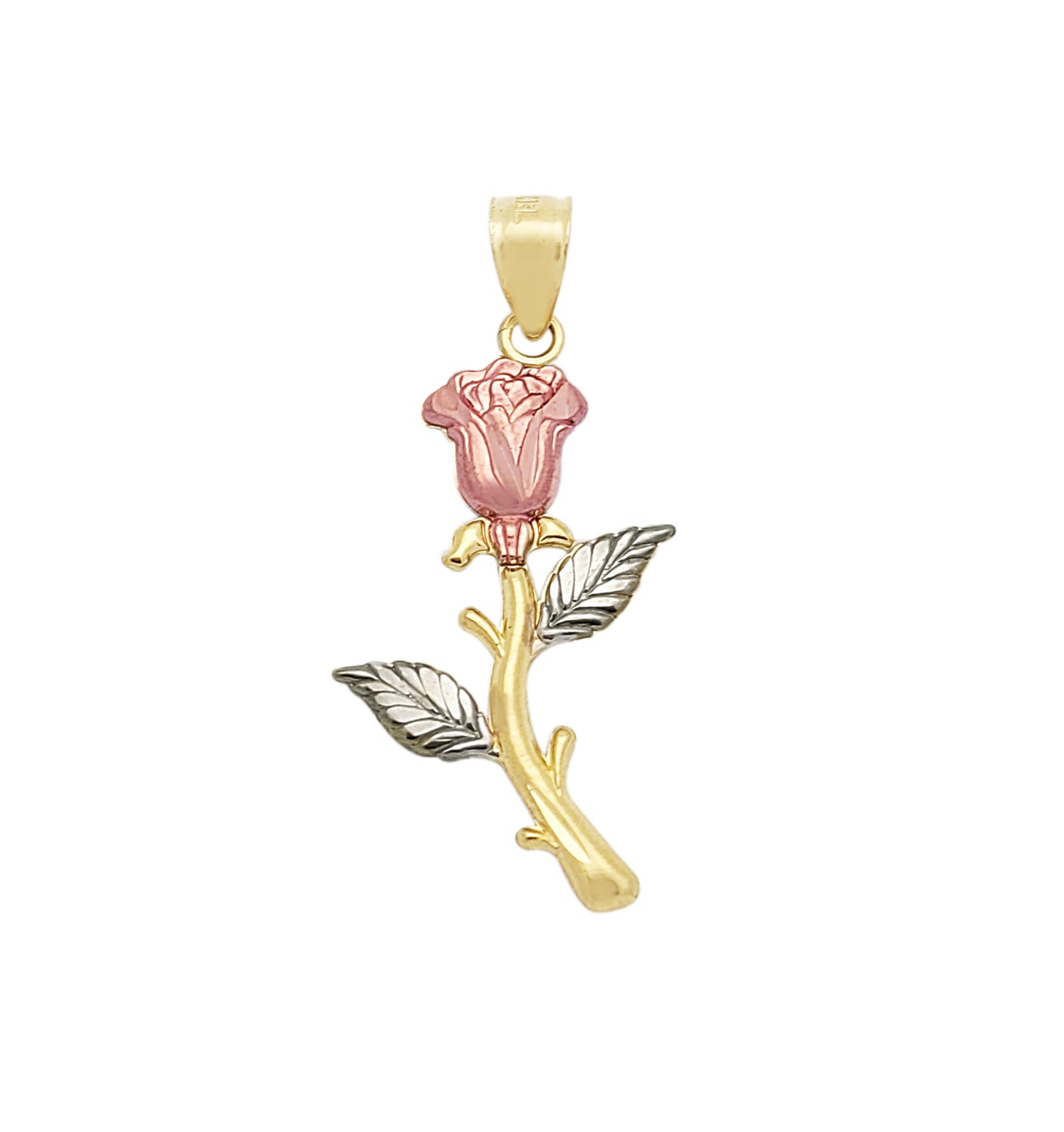 10K Tri-Color Gold Long Stem Rose Flower Pendant, Real Solid Gold Floral Charm for Necklace, Long Rose Jewelry Gift for Women, 1.3 in x 0.6 in
