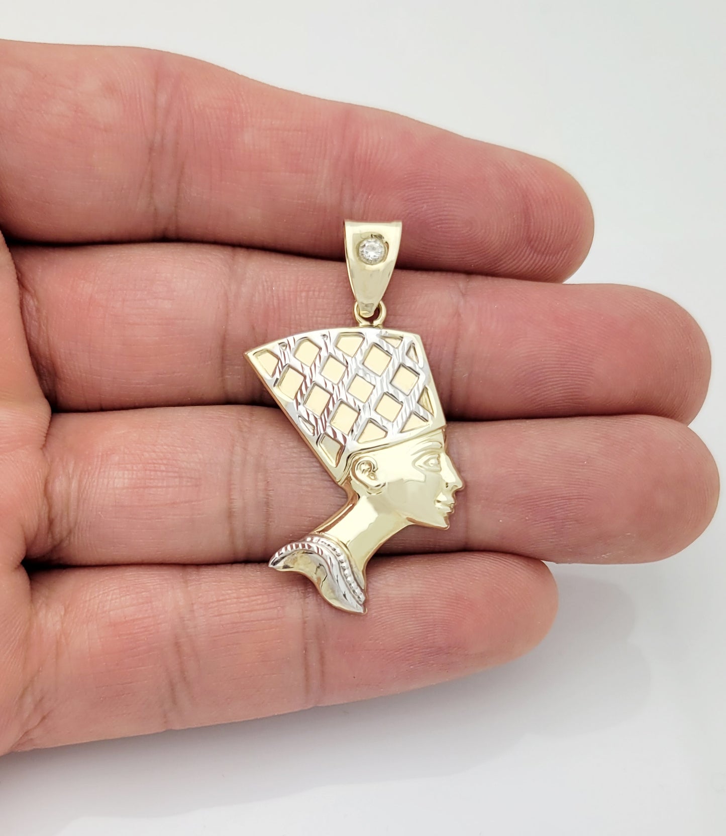 10K Yellow Gold Nefertiti Necklace Pendant Egyptian Queen Charm 1.5 in x 1.0 in