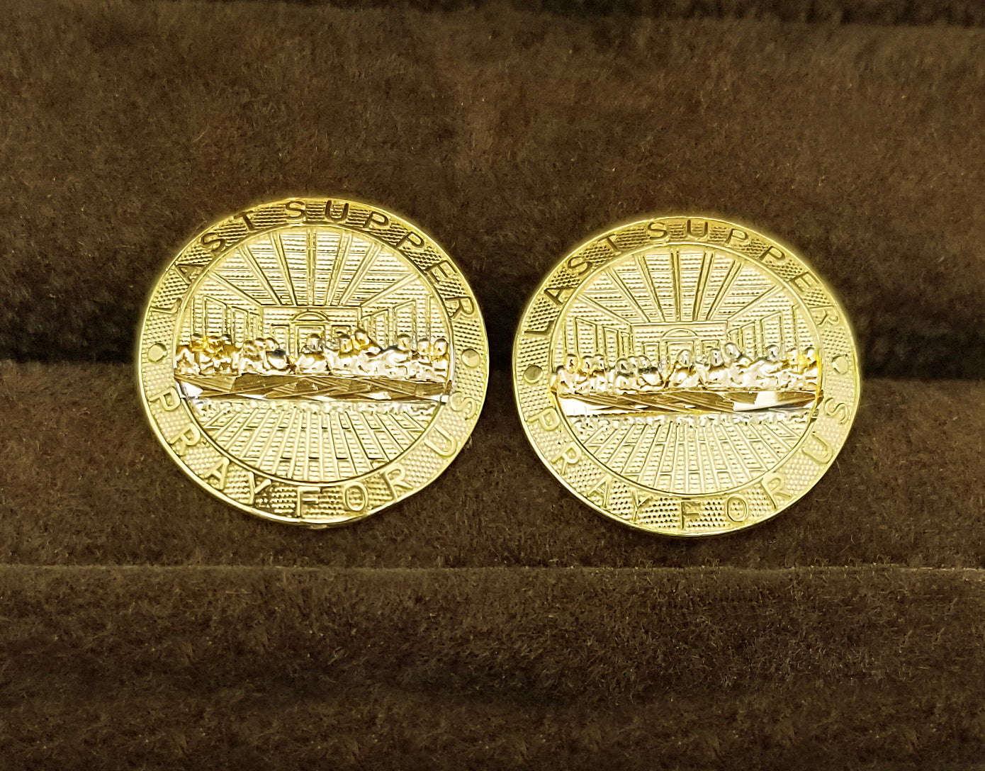 Men's Gold Last Supper Earrings 10K Yellow Gold Round Last Supper Earrings