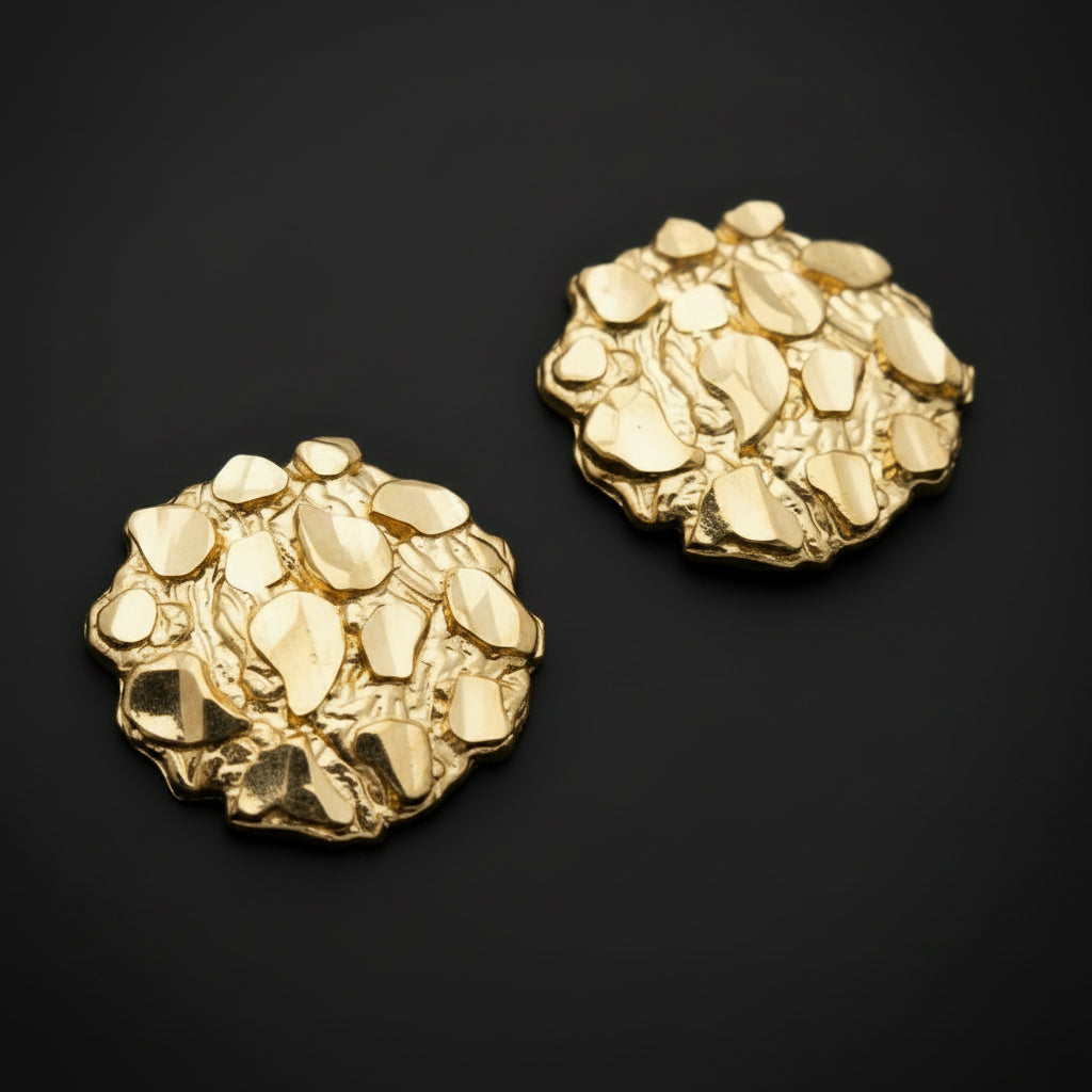 Mens 10k Yellow Gold Nugget Earrings Round Nugget Size 3