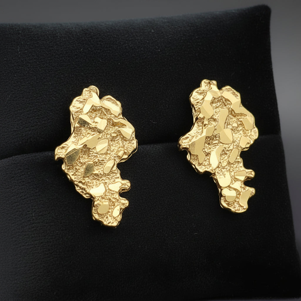 Mens 10k Yellow Gold Nugget Earrings 0.75 inch